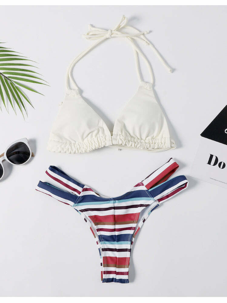 Y2K Aesthetic Striped Halter Bikini Set - Coquette Style for Women
