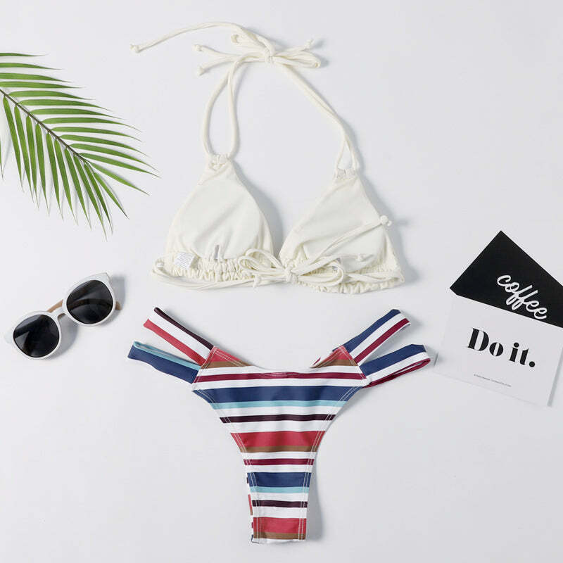 Y2K Aesthetic Striped Halter Bikini Set - Coquette Style for Women