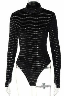 Y2K Aesthetic Striped High Collar Bodysuit with Finger Covers - Coquette Fashion Statement