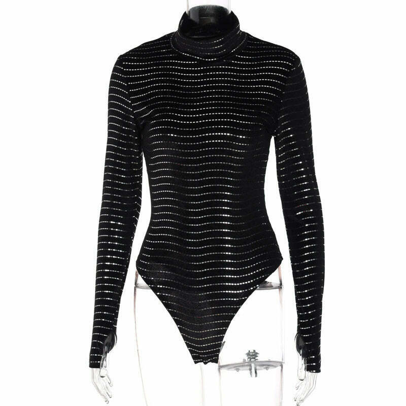 Y2K Aesthetic Striped High Collar Bodysuit with Finger Covers - Coquette Fashion Statement