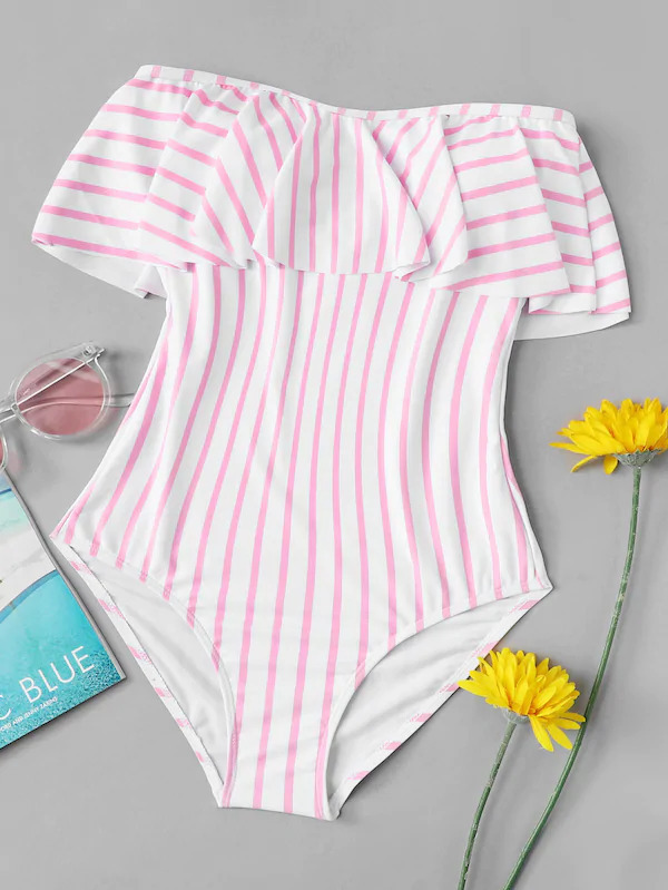 Y2K Aesthetic Striped Off-Shoulder Swimsuit - Coquette Style for Niche Women Fashion