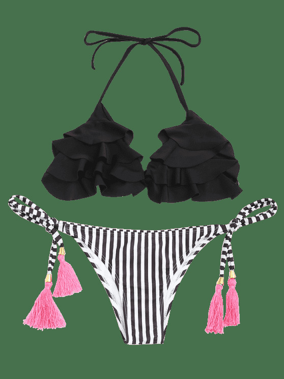 Y2K Aesthetic Striped Ruffles Bathing Suit for Women - Trendy and Fashionable Swimwear
