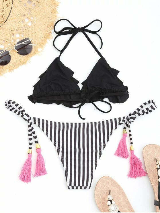 Y2K Aesthetic Striped Ruffles Bathing Suit for Women - Trendy and Fashionable Swimwear