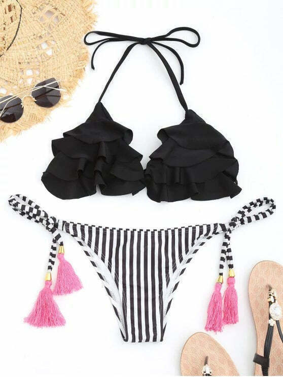 Y2K Aesthetic Striped Ruffles Bathing Suit for Women - Trendy and Fashionable Swimwear
