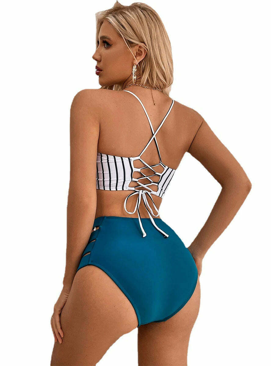Y2K Aesthetic Striped Suspender Split Bikini - Coquette & Grunge Style Fashion
