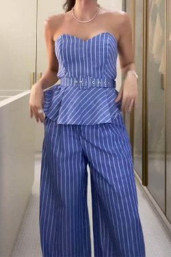Y2K Aesthetic Striped Tube Top & Casual Pants Suit for Women - Coquette & Grunge Style