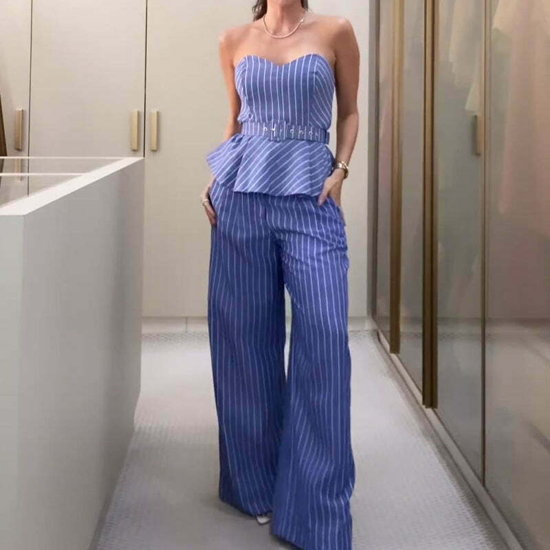 Y2K Aesthetic Striped Tube Top & Casual Pants Suit for Women - Coquette & Grunge Style