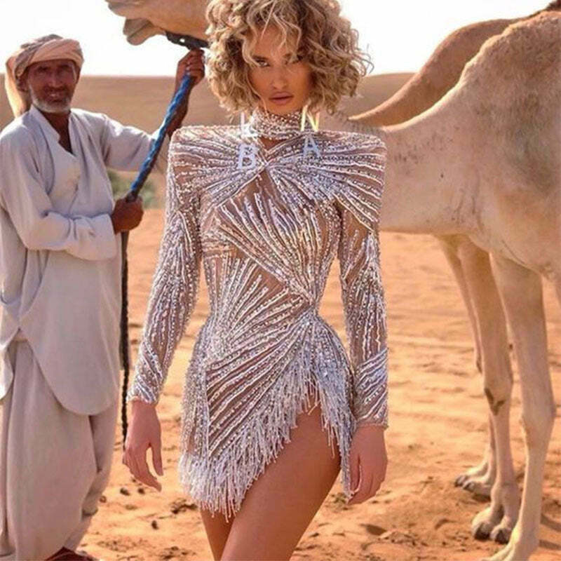 Y2K Aesthetic Tassel Dress with Gold and Silver Accents for Women's Fashion