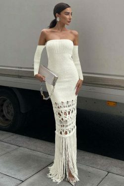Y2K Aesthetic Tassel Off Shoulder Bodycon Dress with Long Skirt - Coquette & Grunge Style