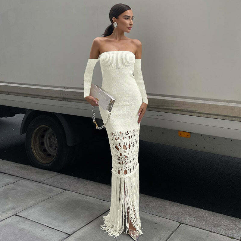 Y2K Aesthetic Tassel Off Shoulder Bodycon Dress with Long Skirt - Coquette & Grunge Style
