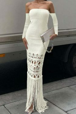 Y2K Aesthetic Tassel Off Shoulder Bodycon Dress with Long Skirt - Coquette & Grunge Style