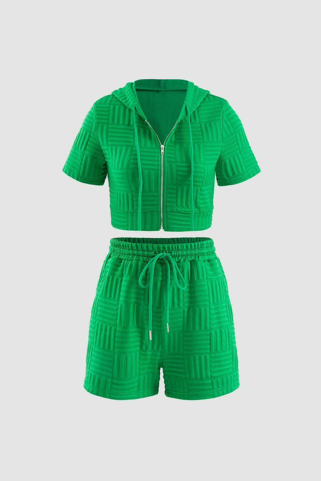 Y2K Aesthetic Textured Hooded T-Shirt and Drawstring Shorts Set for Women