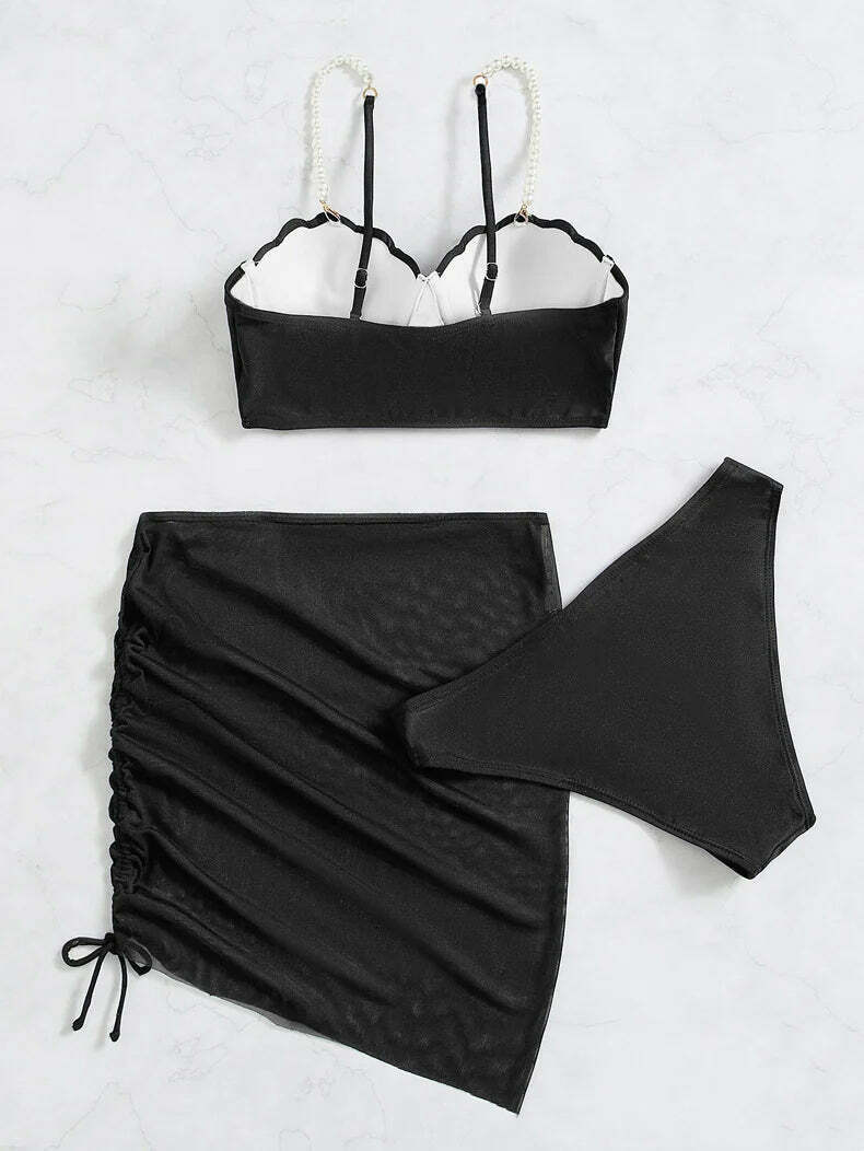 Y2K Aesthetic Three-Piece Bikini Set in Solid Colors