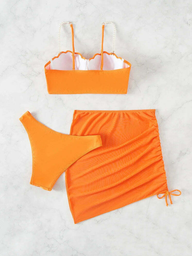 Y2K Aesthetic Three-Piece Bikini Set in Solid Colors