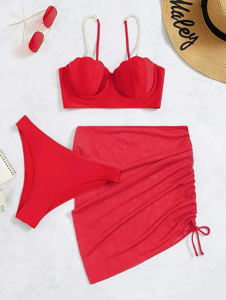 Y2K Aesthetic Three-Piece Bikini Set in Solid Colors