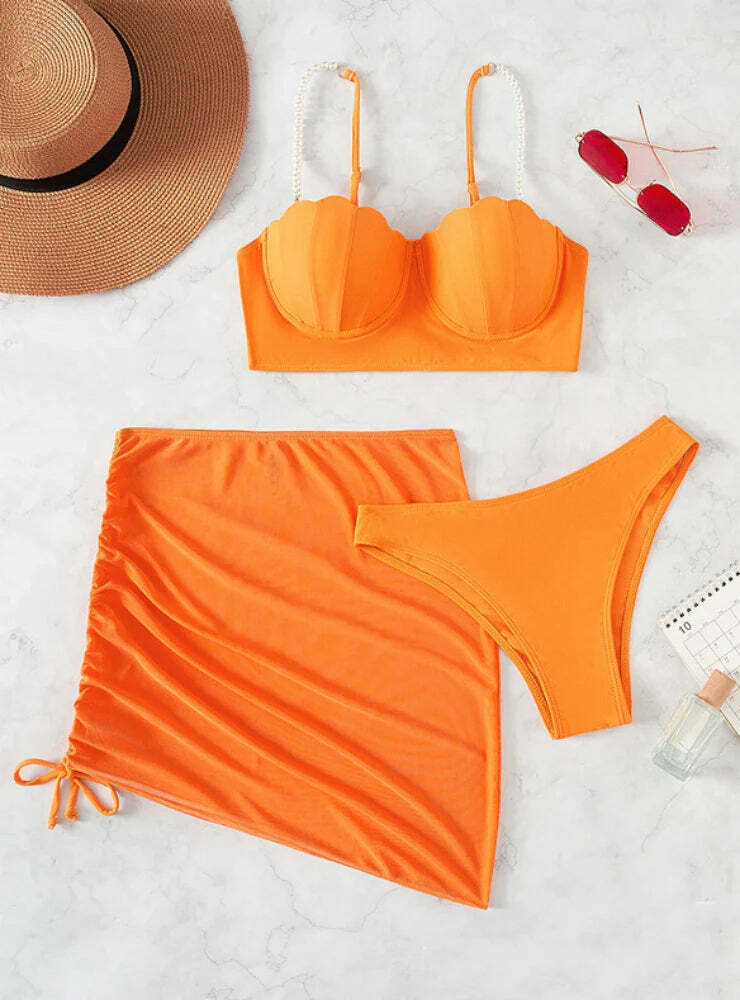 Y2K Aesthetic Three-Piece Bikini Set in Solid Colors