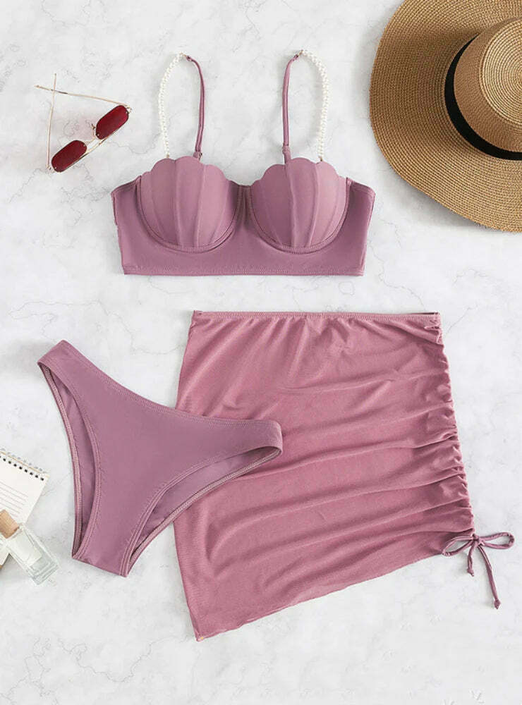 Y2K Aesthetic Three-Piece Bikini Set in Solid Colors