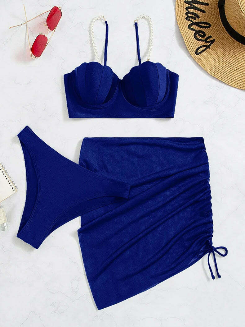 Y2K Aesthetic Three-Piece Bikini Set in Solid Colors