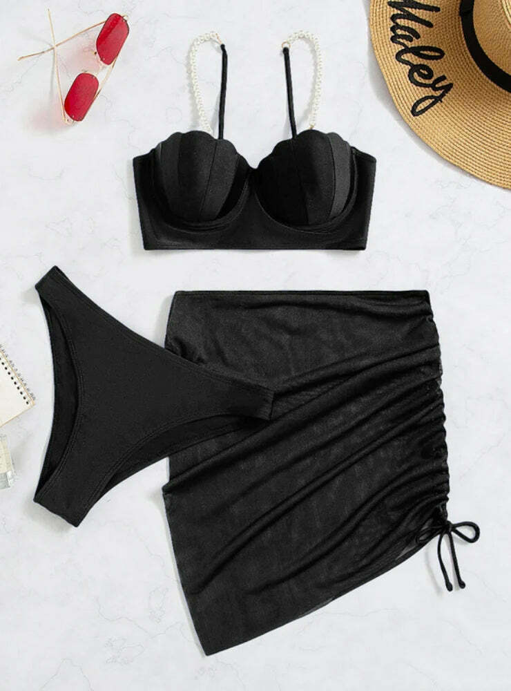Y2K Aesthetic Three-Piece Bikini Set in Solid Colors