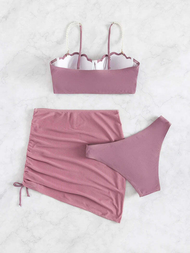 Y2K Aesthetic Three-Piece Bikini Set in Solid Colors