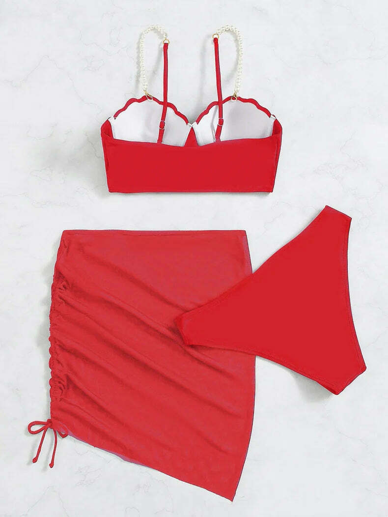 Y2K Aesthetic Three-Piece Bikini Set in Solid Colors