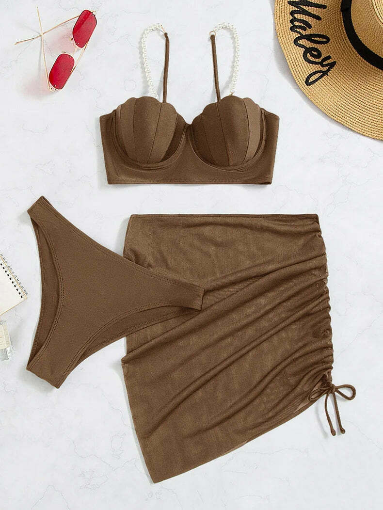 Y2K Aesthetic Three-Piece Bikini Set in Solid Colors