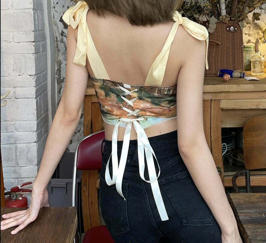 Y2K Aesthetic Tie-Strap Corset Top with Painted Details