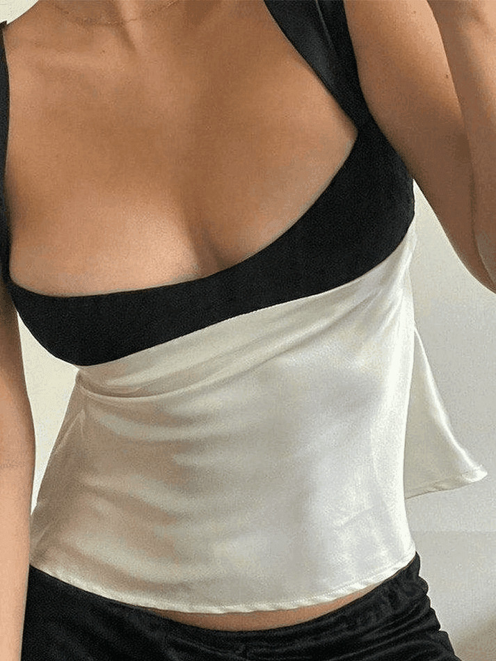 Y2K Aesthetic Tie Back Patchwork Satin Tank Top for Women - Coquette Style Grunge Fashion
