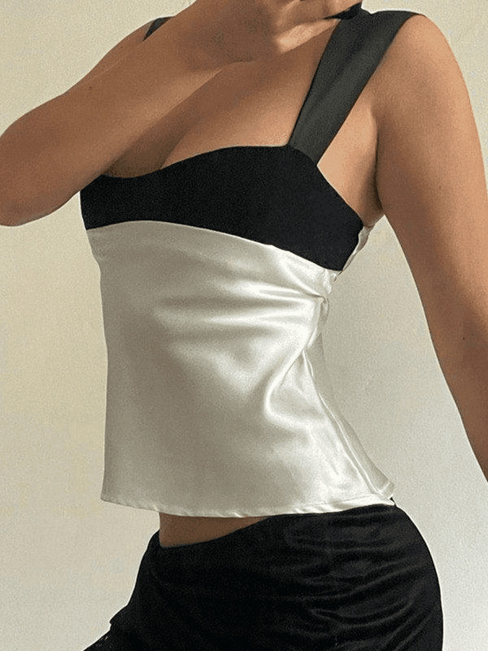 Y2K Aesthetic Tie Back Patchwork Satin Tank Top for Women - Coquette Style Grunge Fashion