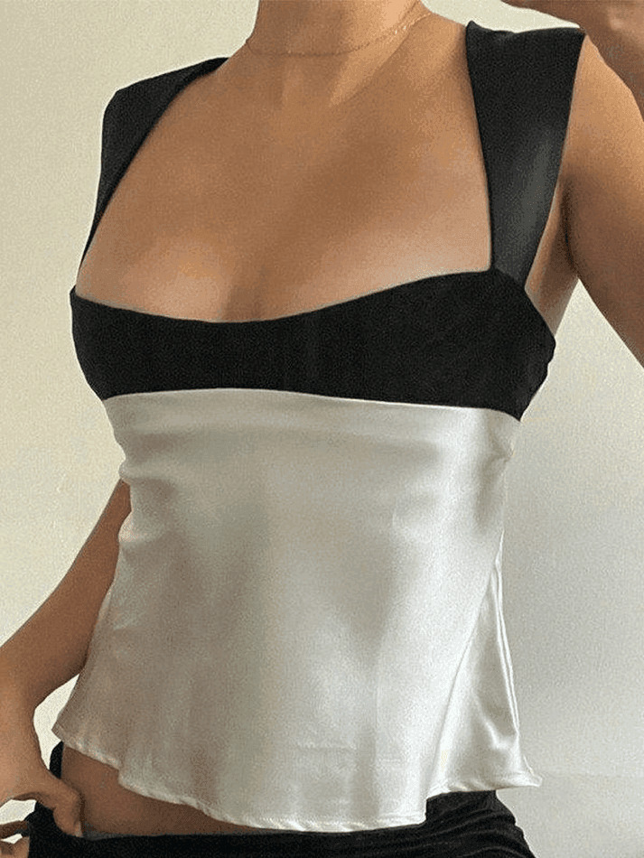Y2K Aesthetic Tie Back Patchwork Satin Tank Top for Women - Coquette Style Grunge Fashion