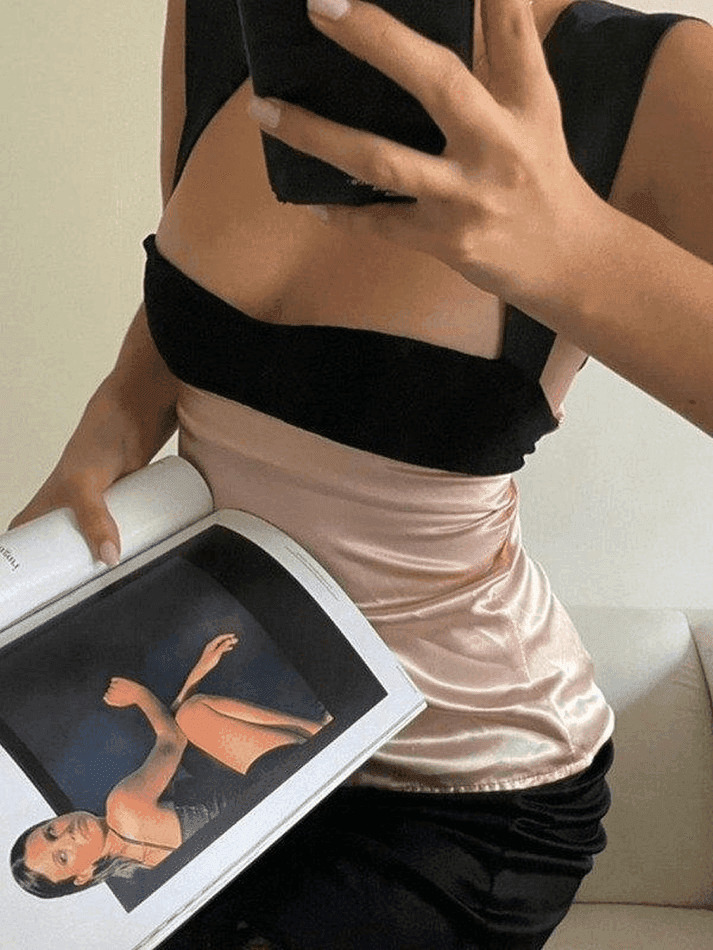 Y2K Aesthetic Tie Back Patchwork Satin Tank Top for Women - Coquette Style Grunge Fashion