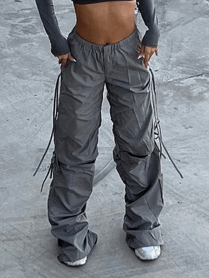 Y2K Aesthetic Tie Strap Cutout Parachute Cargo Pants - Coquette & Grunge Style Women's Fashion