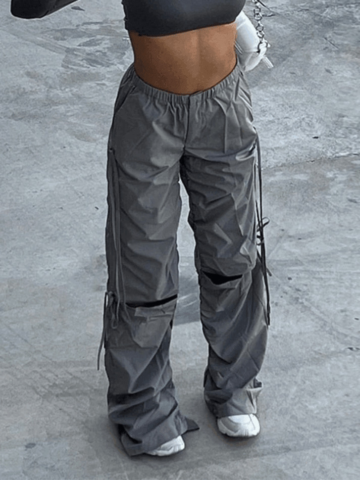 Y2K Aesthetic Tie Strap Cutout Parachute Cargo Pants - Coquette & Grunge Style Women's Fashion