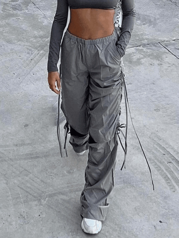 Y2K Aesthetic Tie Strap Cutout Parachute Cargo Pants - Coquette & Grunge Style Women's Fashion