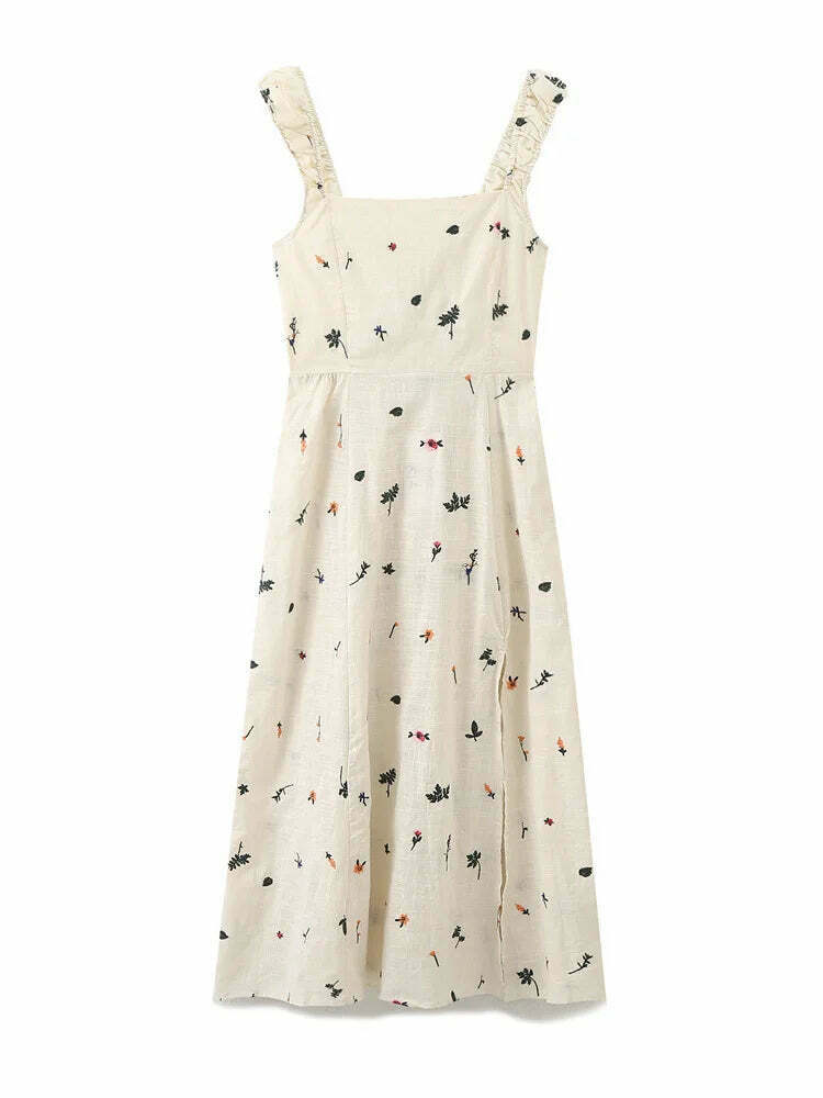 Y2K Aesthetic Tropical Embroidered Backless Dress - Coquette Style with Grunge & Pastel Goth Vibes