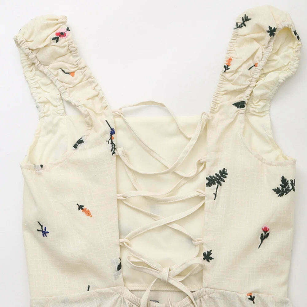 Y2K Aesthetic Tropical Embroidered Backless Dress - Coquette Style with Grunge & Pastel Goth Vibes