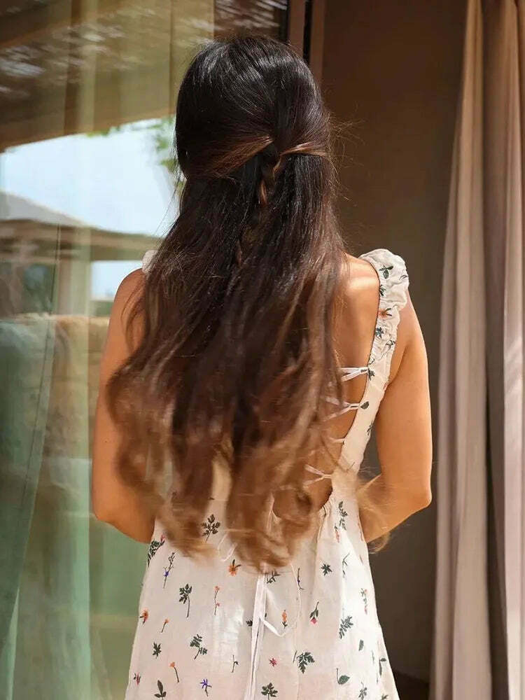 Y2K Aesthetic Tropical Embroidered Backless Dress - Coquette Style with Grunge & Pastel Goth Vibes
