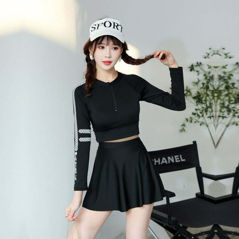 Y2K Aesthetic Two-Piece Swimsuit Dress for Women - Long-Sleeved Slimming Design