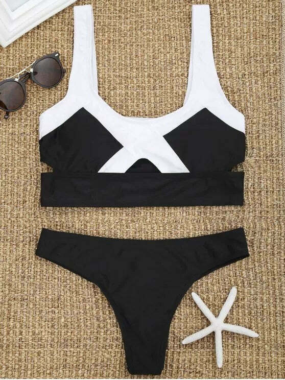 Y2K Aesthetic Two-Tone Cut-Out Thong Bikini Set in Coquette Style