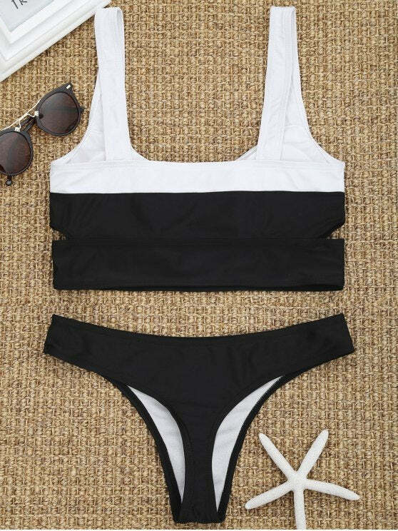 Y2K Aesthetic Two-Tone Cut-Out Thong Bikini Set in Coquette Style