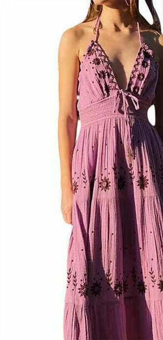 Y2K Aesthetic V-Neck Backless Maxi Dress for Women - Coquette Style Grunge Fashion Outfit