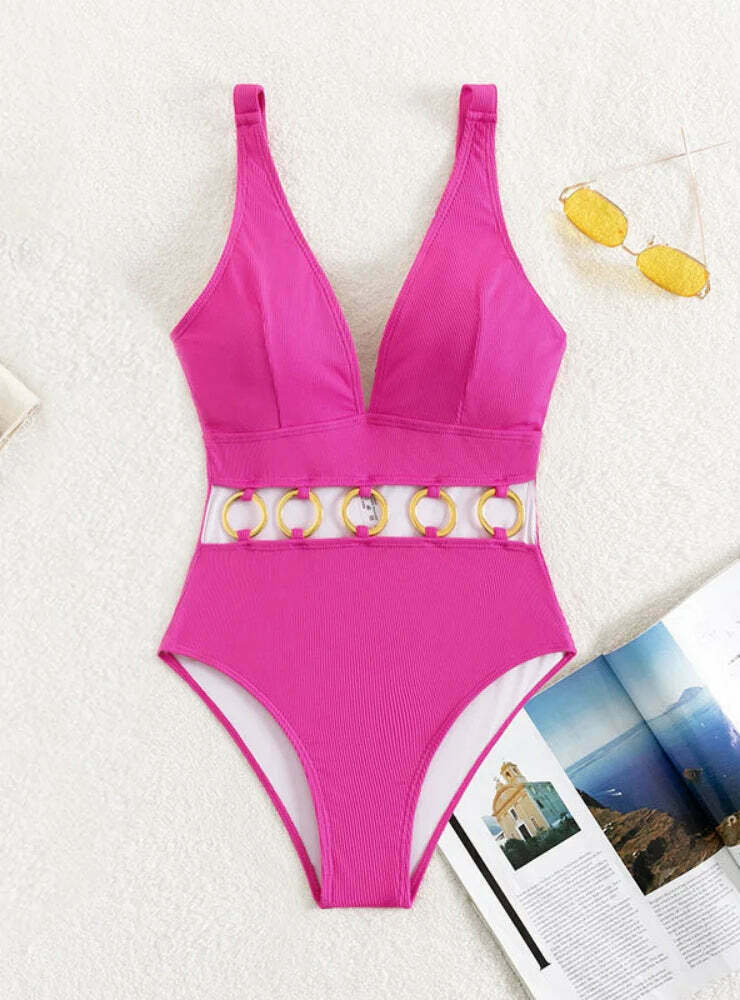 Y2K Aesthetic V-Neck Metal Ring Swimsuit - Coquette Style Hollow Solid Color Beachwear