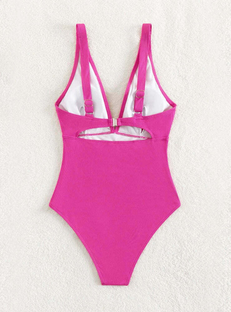 Y2K Aesthetic V-Neck Metal Ring Swimsuit - Coquette Style Hollow Solid Color Beachwear