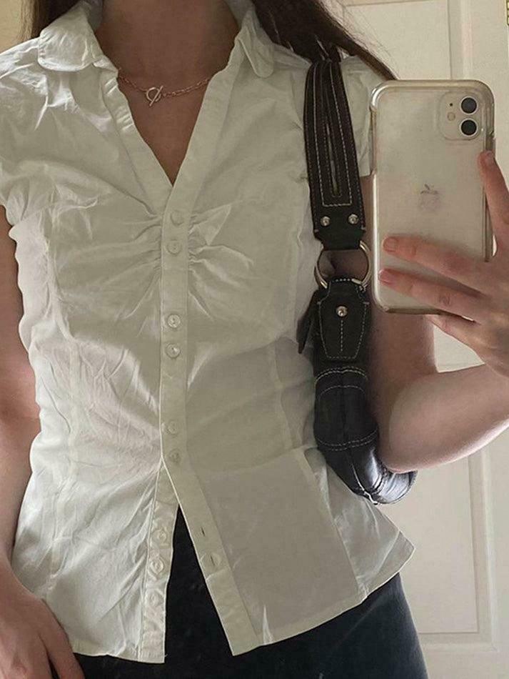 Y2K Aesthetic V-Neck Ruched Shirt - Coquette Style Grunge Fashion - Cute Tops & Cargo Skirt
