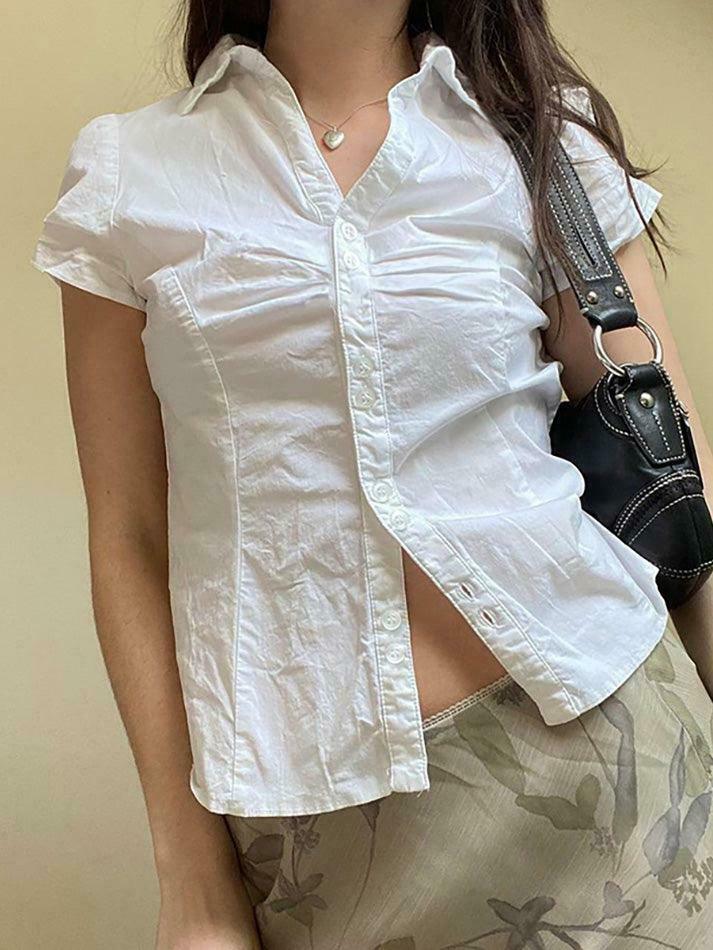 Y2K Aesthetic V-Neck Ruched Shirt - Coquette Style Grunge Fashion - Cute Tops & Cargo Skirt