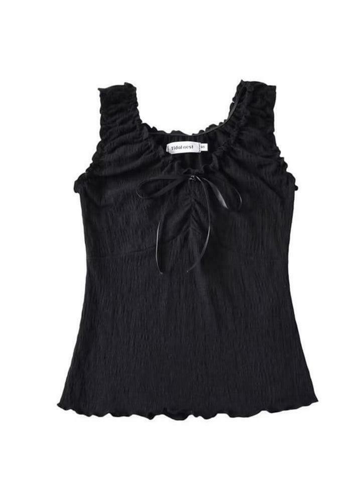 Y2K Aesthetic V-Neck Ruffled Tank Top with Bow Accent - Coquette & Grunge Style