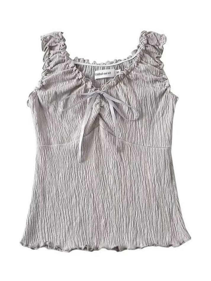 Y2K Aesthetic V-Neck Ruffled Tank Top with Bow Accent - Coquette & Grunge Style