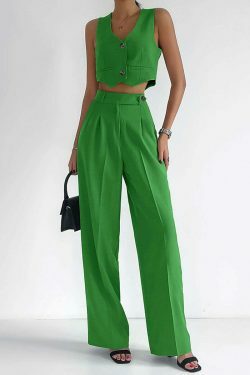 Y2K Aesthetic V-Neck Top & Straight Pants Suit - Coquette Style Grunge Fashion
