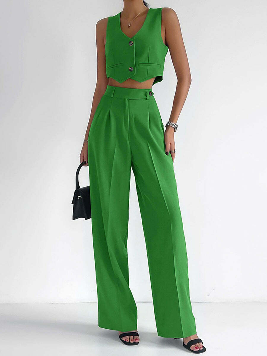 Y2K Aesthetic V-Neck Top & Straight Pants Suit - Coquette Style Grunge Fashion