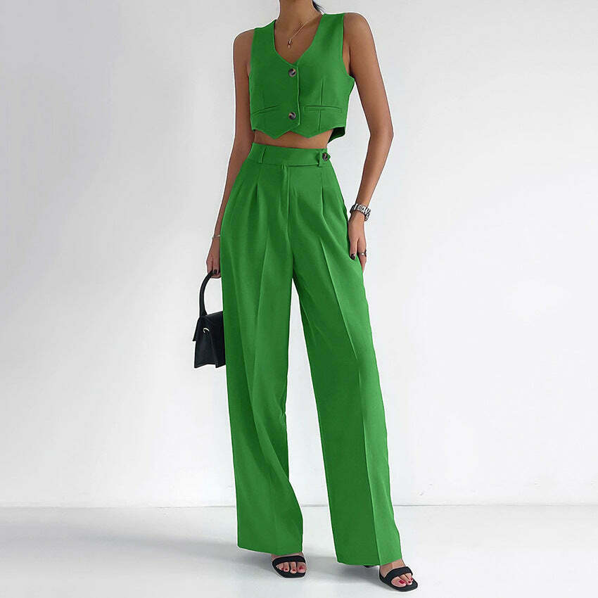 Y2K Aesthetic V-Neck Top & Straight Pants Suit - Coquette Style Grunge Fashion